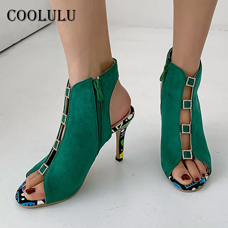 

COOLULU Extreme High Heels Stiletto Heel Sandals Women Shoes Zip Peep Toe Sandals Fashion Crystal Footwear Ladies Green Size 43