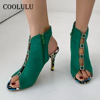 coolulu extreme high heels stiletto heel sandals women shoes zip peep toe sandals fashion crystal footwear ladies green size 43