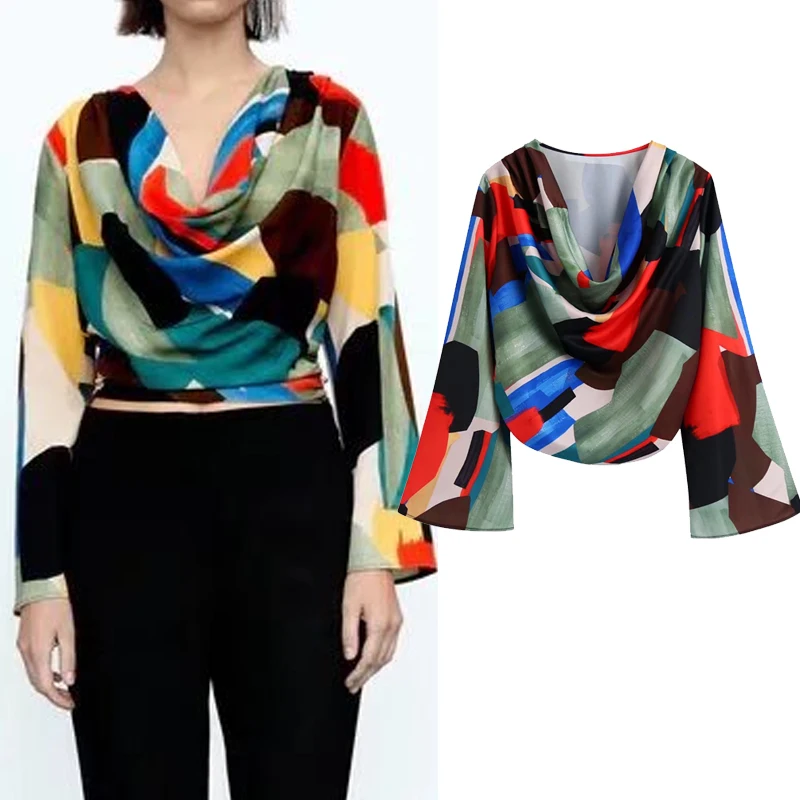 

Блузка YMQL Za с принтом женский винтажный укороченный топ Женская шикарная блузка с длинным рукавом Осенняя уличная одежда элегантные блузки...