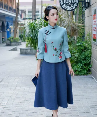 Light blue suit Sheng Coco Woolen Chinese Blouse Coat LadiesTraditional Chinese Shirts Embroidery Blouses Woolen Suit Classic Blue Suit - Цвет: Light blue suit