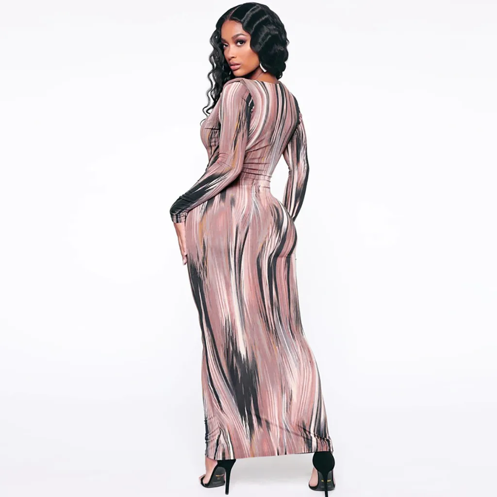 

2020 New dress Women's Sexy Printing V-Neck Long Sleeve Party Cocktail Bandage Dress Long Dress #3