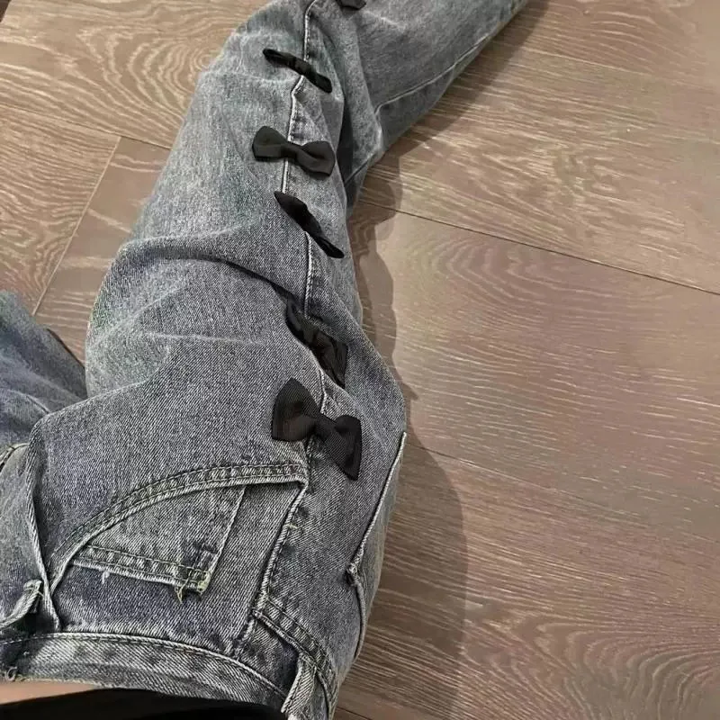 

Женские джинсы с завышенной талией, голубые длинные свободные брюки из Харлана с боковым бантом, весна-осень 2021, 1DE0064