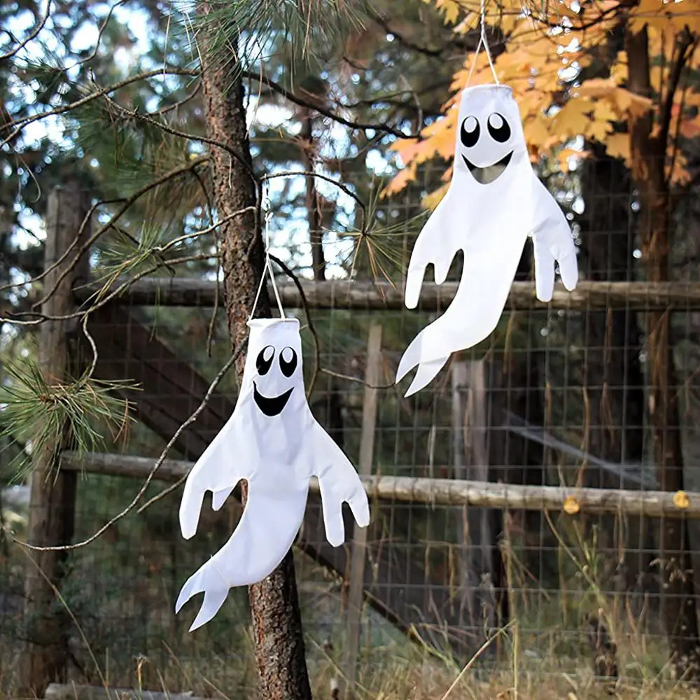 

2PCS Hanging White Ghost Windsock Flag Outdoor Wind Sock for Home Garden Halloween Party Decoration