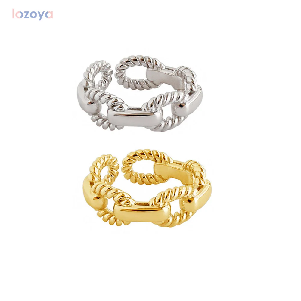 

LOZOYA 925 Sterling Adjustable Rock Silver Large Thick Twist Chain Resizable Women Rings 2021 European Punk Rings Jewelry