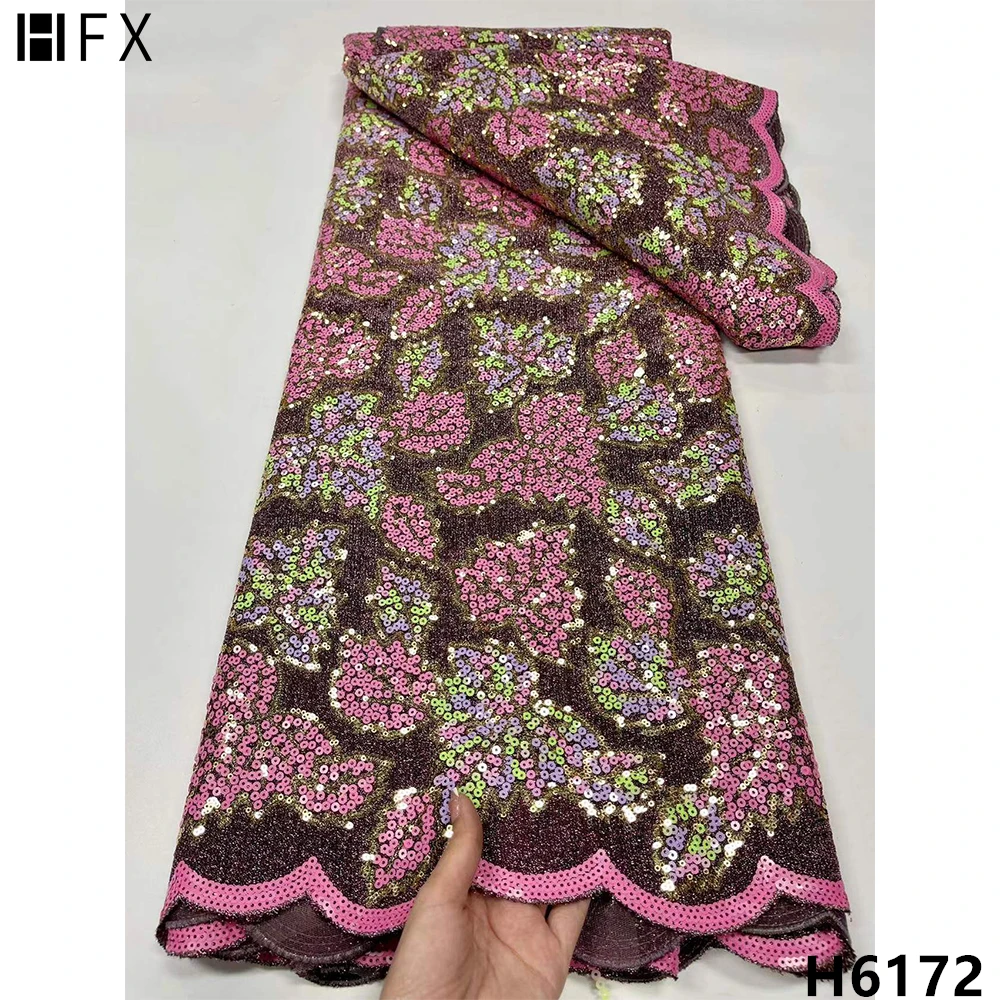 

HFX 2022 Latest Design Sequin Lace Fabric Nigerian Embroidery African Asoebi Lace Fabric 5 Yards For Evening Dress Sewing F6172