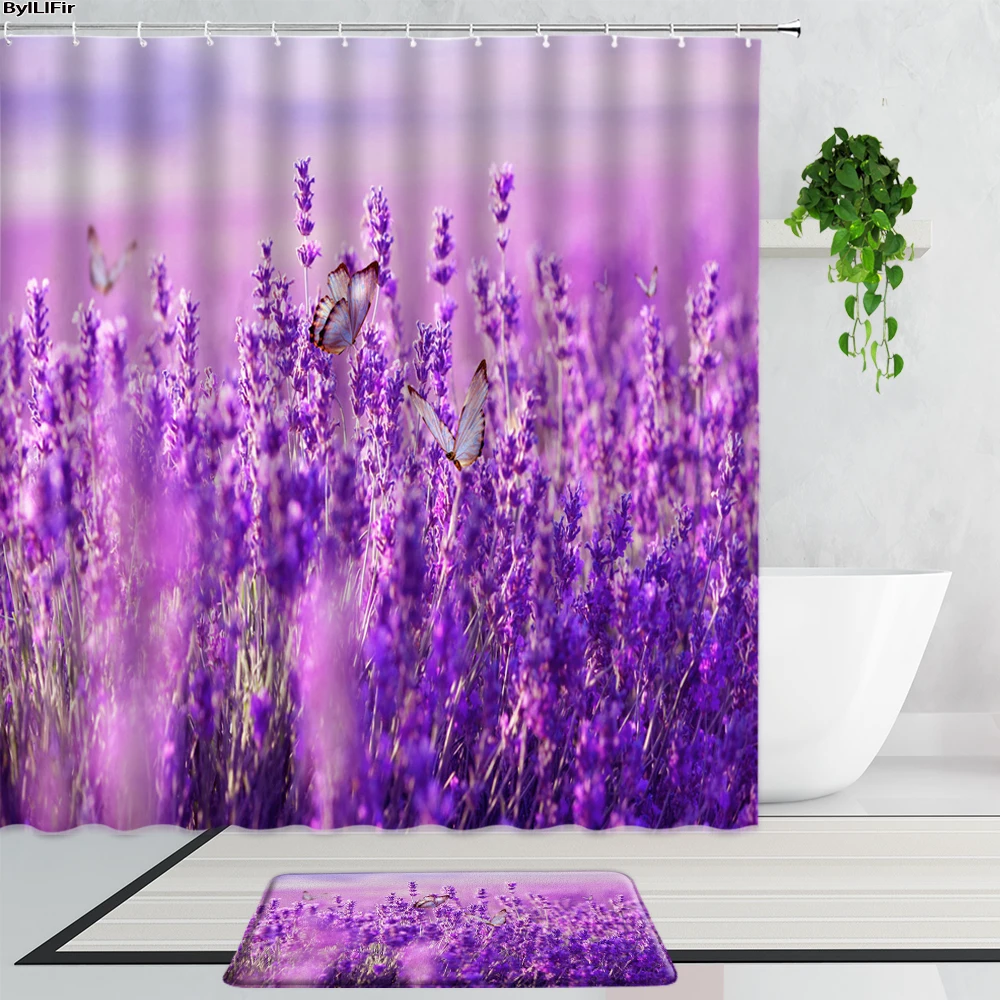 Занавеска для душа фиолетовая с лавандой и цветами на солнечном свете 2