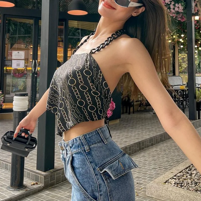 

gothic cropped unique top korean fashion sexy streetwear cute tops women Hollow Out Camis Print High Street ropa para mujer