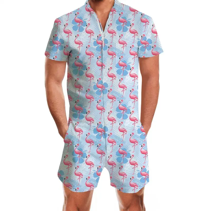 flamingo 2 New Mens Rompers 90s Jazz Solo 3D Paper Cup Printed Jumpsuit Harem Cargo Overalls Summer Hip-Hop Casual Bibs Pants Dropship - Цвет: flamingo 2