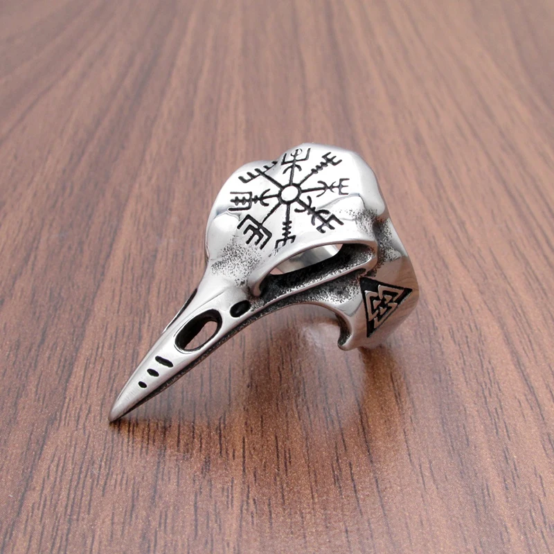 Punk 316L Edelstahl Herren Wikinger Nordische Mythologie Odin Krähe Rabe Ring Nordisches Amulett Kompass Schmuck Geschenke – Detail 1