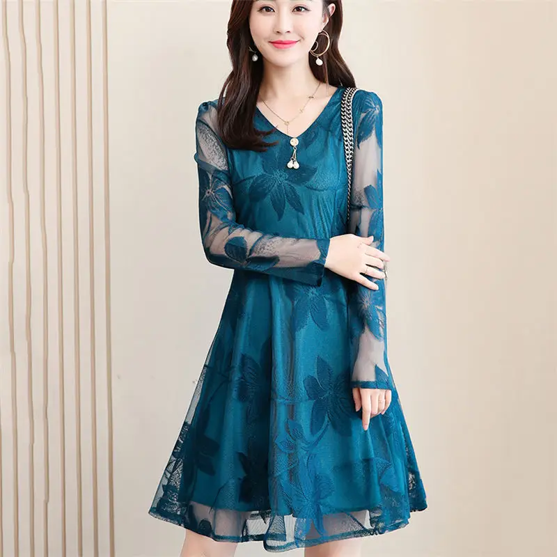 LongLightblue Летнее женское кружевное мини-платье с длинным рукавом синего и розового цвета, большие размеры 5XL, новинка, богемное элегантное сексуальное Клубное платье с высокой талией, vestidos - Цвет: LongLightblue