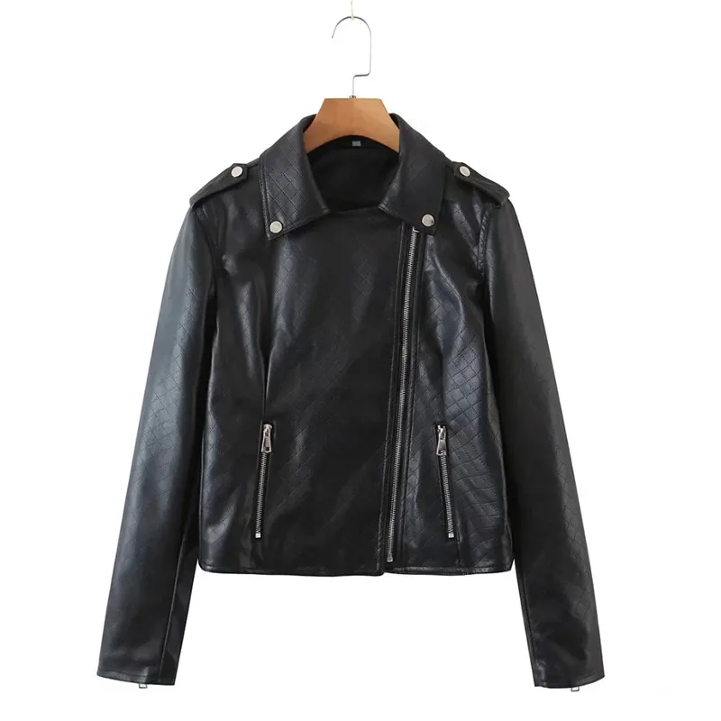 

Merodi Chic Lady Stylish Plaid Texture Faux Leather Autumn Short Jackets Streetwear Spring Womens Turn-Down Collar Pu Outwear