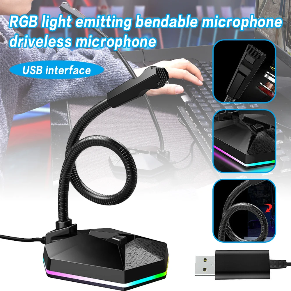 

For PC Laptop Computer 1pc Computer USB Desktop Gaming Microphone RGB Luminous Bendable Microphones Mayitr