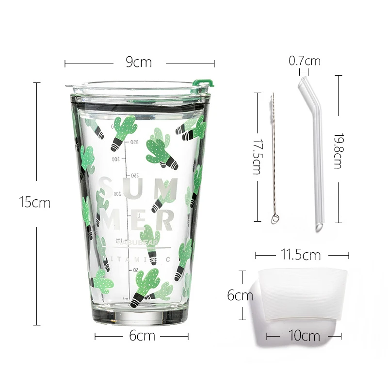 

450ml Travel Glass Carafe With Straw Graffiti Style With Scale Transparent Leak-Proof Milk Coffee Cup With Sealed Lid