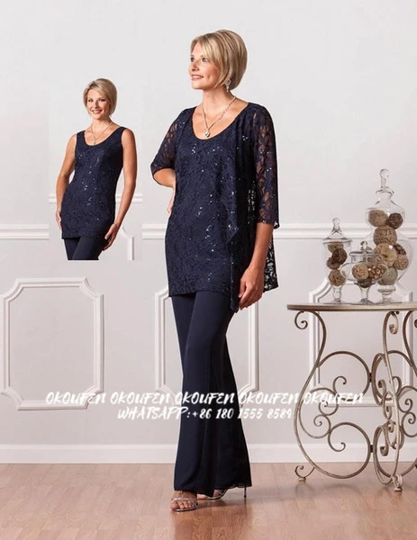 

2021 Mother Of The Bride Dresses Sequined Lace Jacket Dark Navy Blue 3 Pieces Wedding Guest Gowns Vestidos Madrinha Custom Make