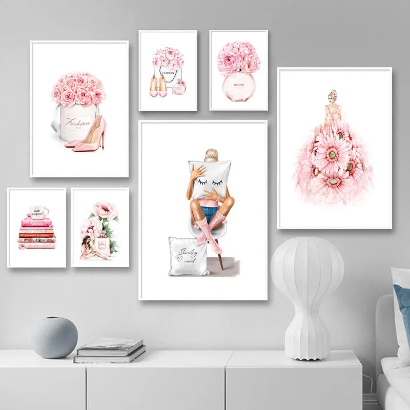

Fashion Perfume Wall Art Poster Chic Girl Pink Flower Dress Magazine Canvas Painting High-heeled Art Prints Modern Home Decor