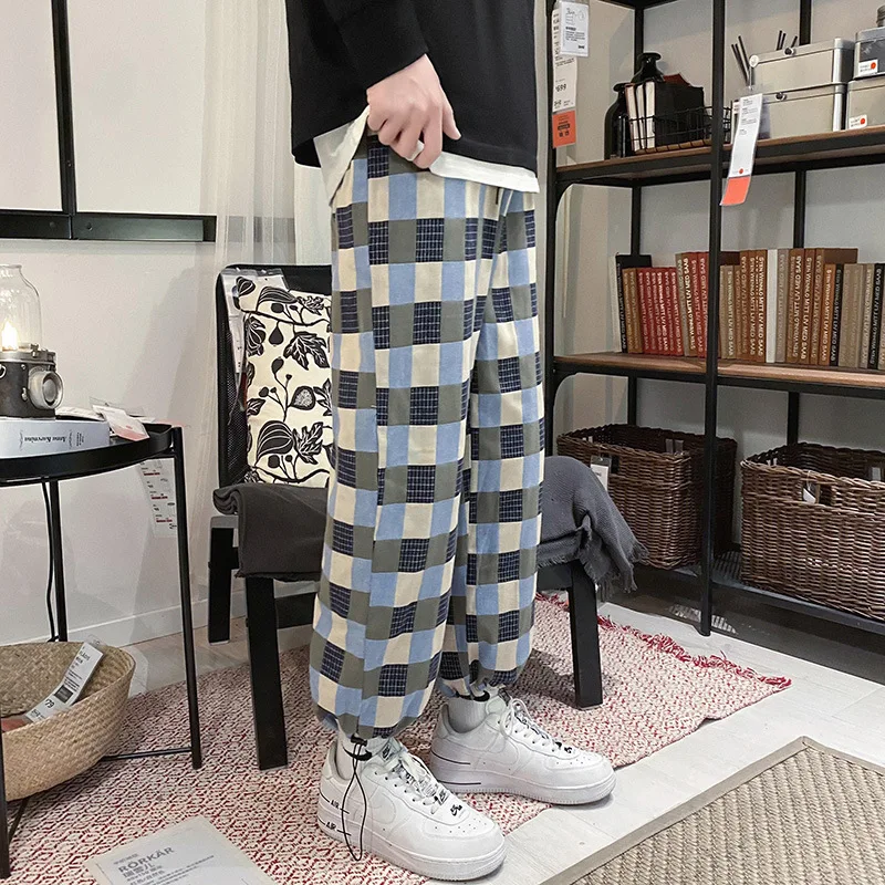 

New Harlan slacks men's Korean fashion Plaid tooling Multi Pocket pants elastic pants fashion