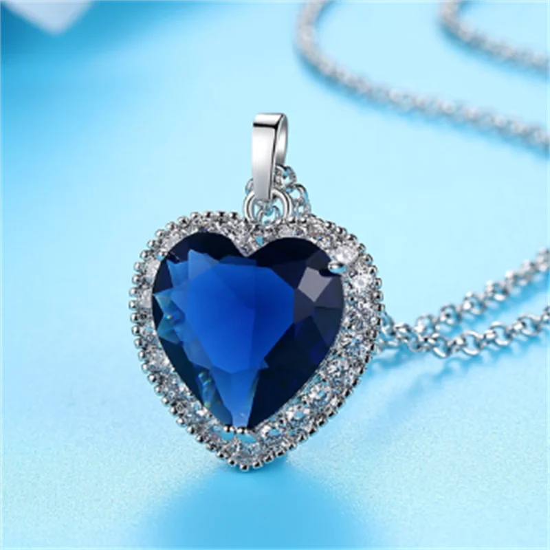 

Titanic Women's Ocean Heart Necklace Blue Romantic CZ Chain Pendant Necklace Fashion Wedding Jewelry Wholesale