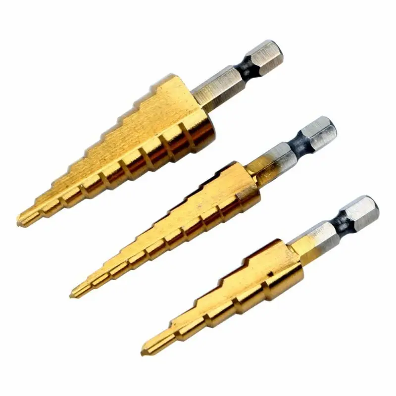 

3pc HSS Titanium Plated Metric Bits Hex Shank Stepped Drill Tap 4-20/3-12/4-12mm