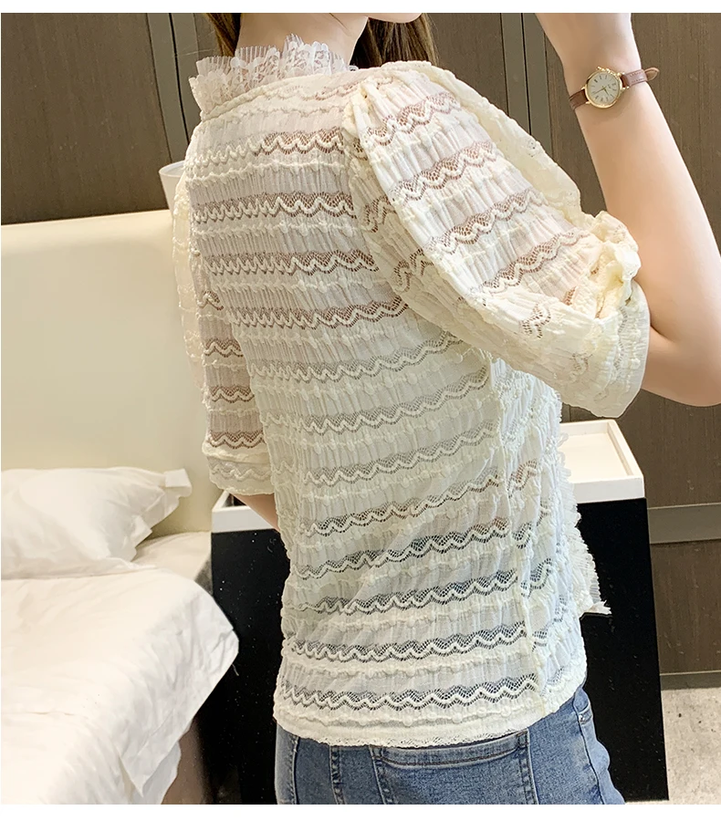 

Summer Korean Fashion Chiffon Women Shirts Lace V-Neck Office Lady Button Up Shirt Plus Size Mesh White Short Sleeve Ladies Tops