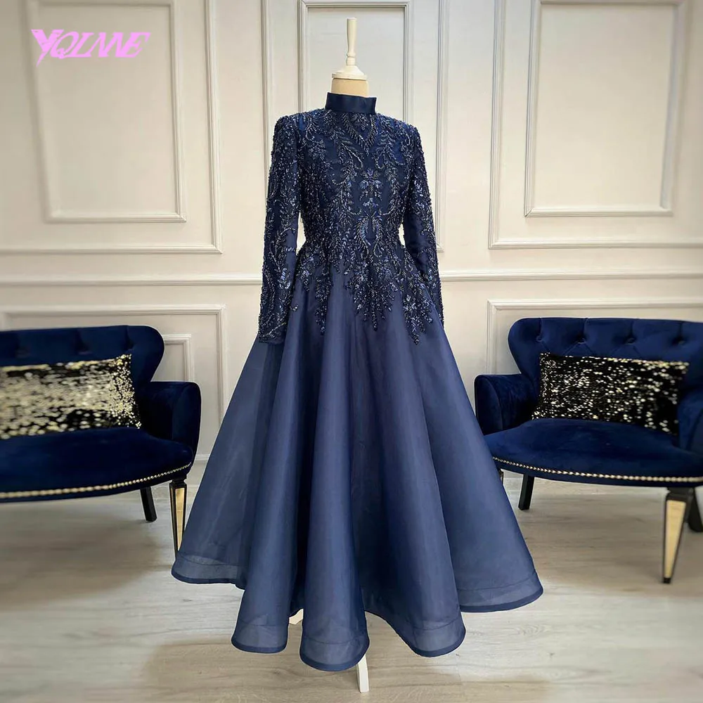 

Muslim Navy Blue Full Sleeve Evening Dresses High Collar Crystals Beaded Tulle Ball Gown Women Party Dress Ankle-Length