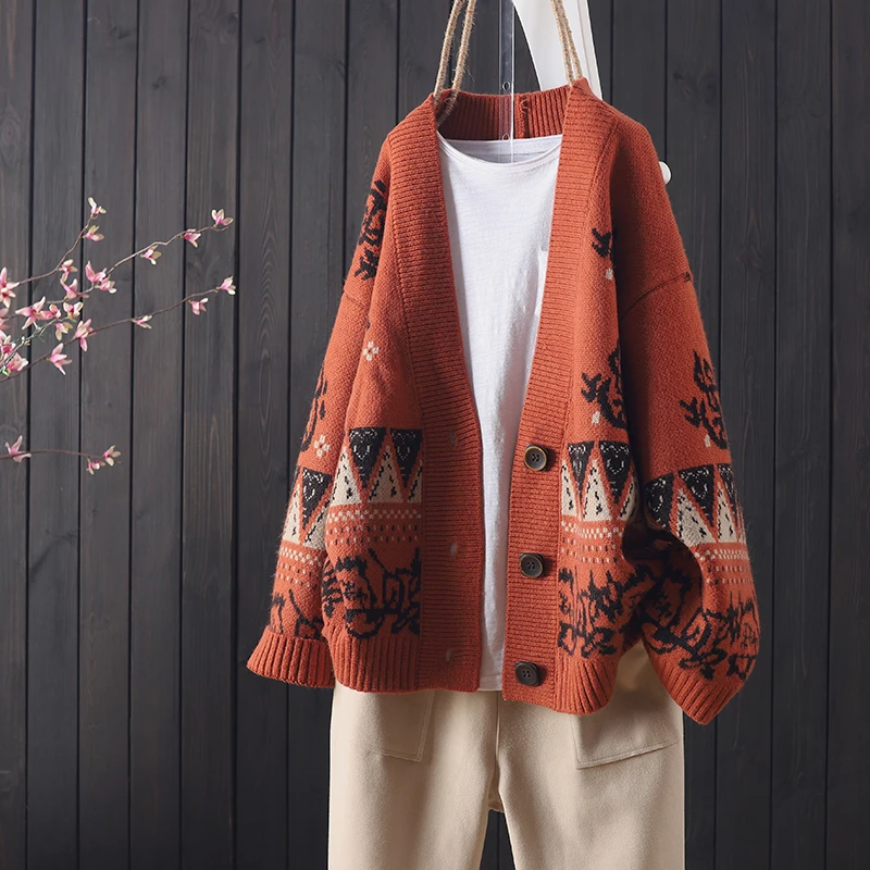 

Women Sweater Knitted Jacquard V-neck Long-sleeved Loose Literary Retro Button Pattern Cardigan Jacket