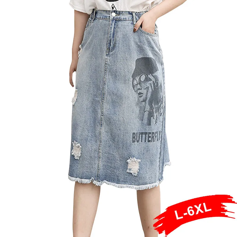 

Women Plus Size Street Wear Beauty Print Midi Long Skirts 4XL 5XL 150KG Summer Ripped Holes Fringe Tassels Hem Split Jeans Skirt