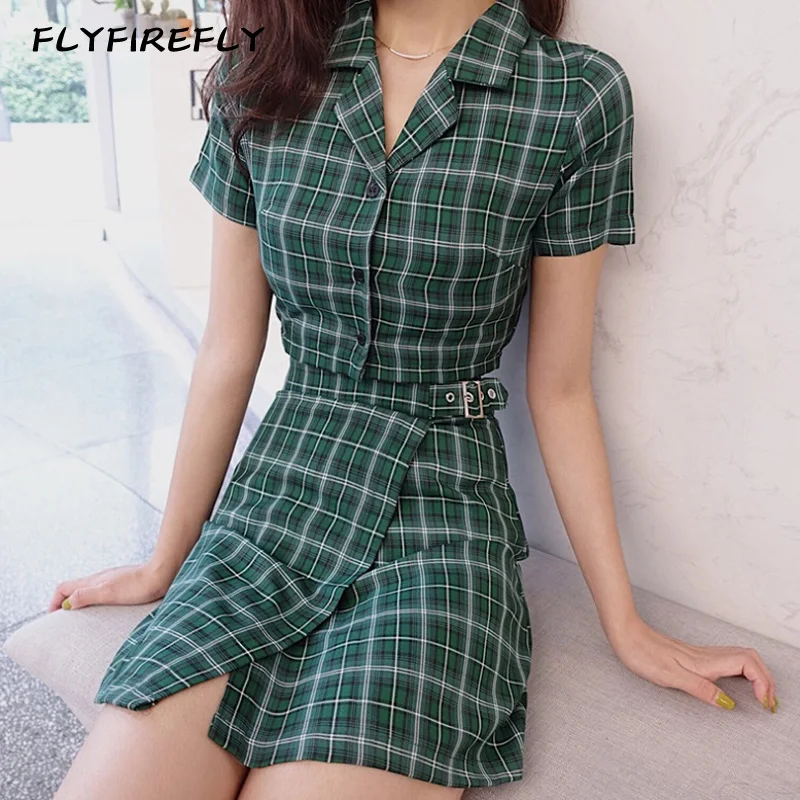 

Summer blouse women mini skirt plaid shirts short sleeve vintage high waist pencil skirts button up crop top shirts women sets