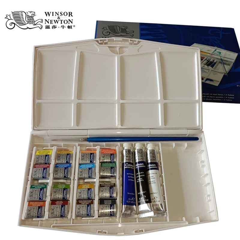 Winsor&Newton Watercolor Pigment Water Color Paints 16 Colors Solid half pans +3 Tubes + 1 Paint Brush