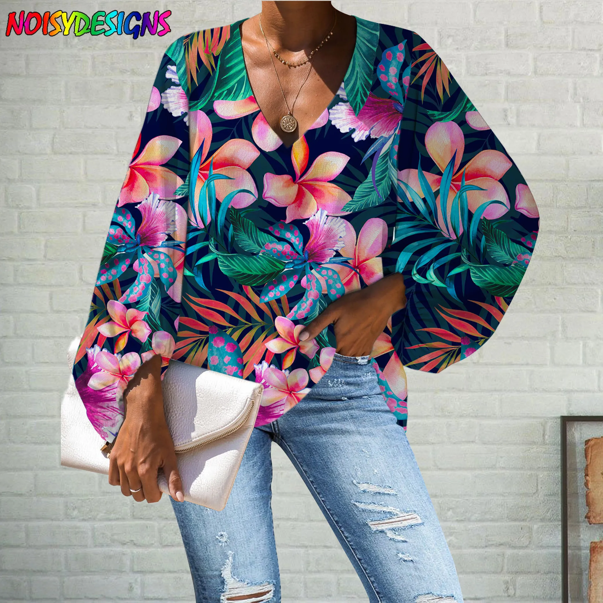 

WHEREISART Hawaiian Tropical Floral Print Blouse Women Plus Size Summer New Ladies Shirt Long-sleeved Clothing Shirts Blouse