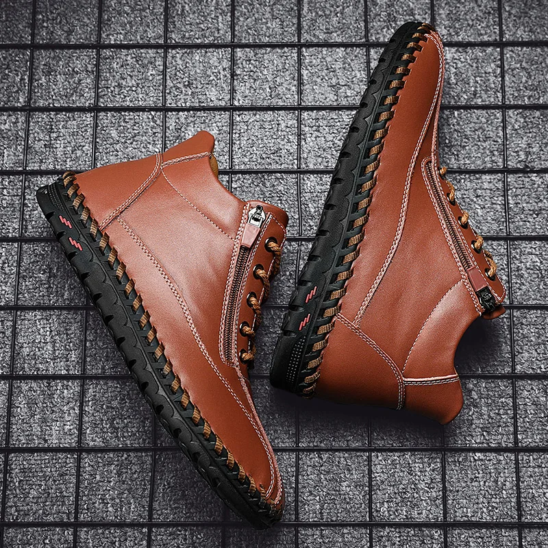 

Brand Men's Boots Plush Warm Men's Snow Boots Winter Shoes British Style Men's Leather Boots Zipper Design Men's Platform Boots