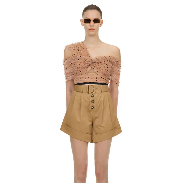 Женский модельный дизайнерский Топ сексуальная сетчатая блузка в горошек с v