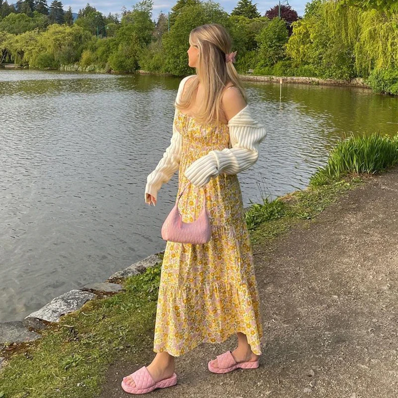 

IAMSURE Floral Camis Summer Dress Vintage Prairie Chic Tie Front Spaghetti Straps Sleeveleess Long Dresses For Women 2021 Casual