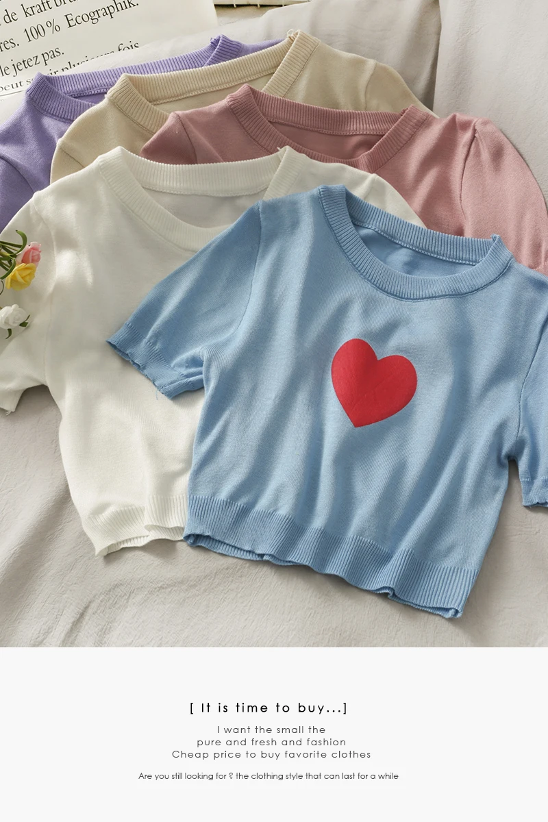 

Sweet Wind Heart-shaped Printed Round Neck Short-sleeved Knitted T-shirt Women 2021 New Short Cropped Solid Color Shirt Summer