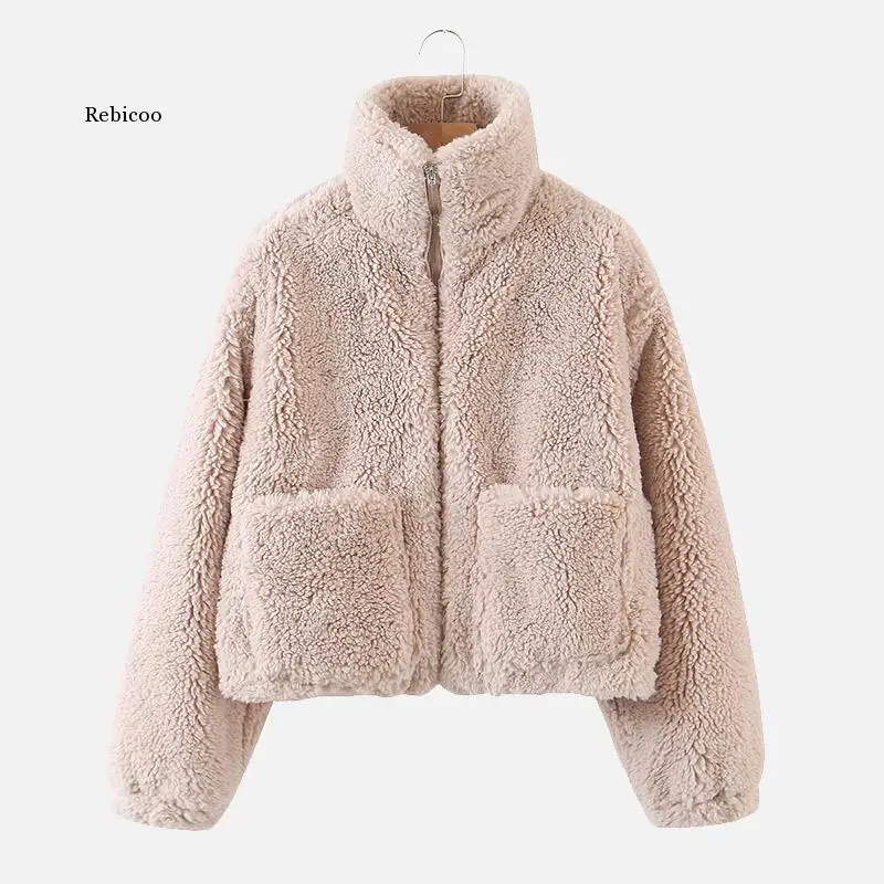 

Winter Lambswool Warm Women's Jackets Zipper Stand Collar Long Sleeve Pockets Women's Coat Soft Solid Velvet Ladies Jacket