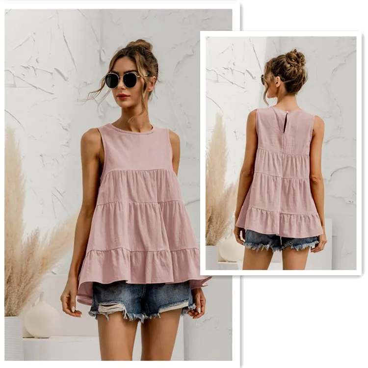 

2021 Women Fashionable Hot Sale O Neck Sleeveless boutique Cute Pleated Swing Female Summer Tank Top Tops For Women