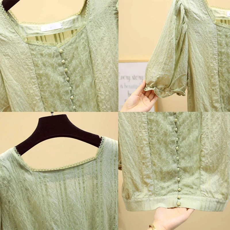 

Summer New Chiffon Blouse Wild Solid Square Collar Top Woman Lantern Sleeve Super Short Women's Shirts Short Sleeve Top 9880