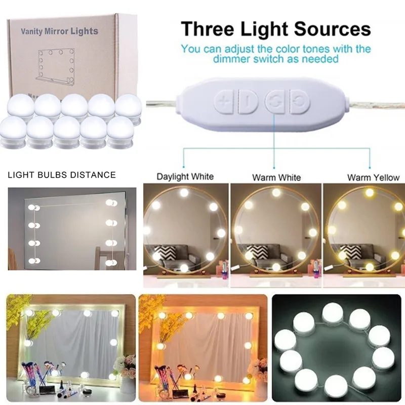 USB LED 5V Makeup Mirror Light Bulb Hollywood Vanity Lights Stepless Dimmable Wall Lamp5 10Bulbs Kit for Dressing Table | Лампы и
