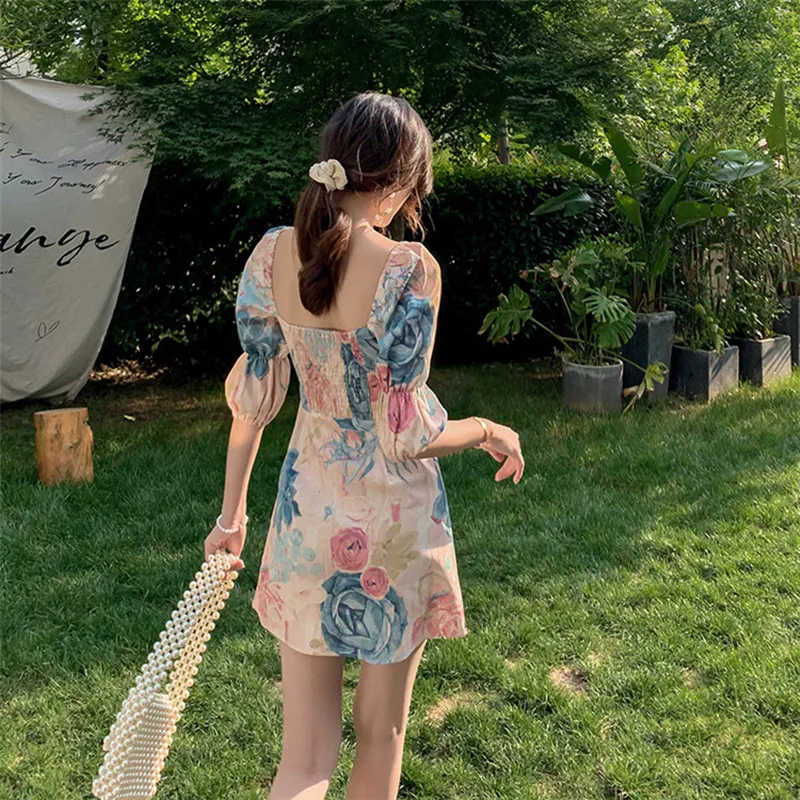 

Waist Slimming Printed Dress Female Summer Retro Oil Painting Sense Flower Generous Collar Puff Sleeve Dress Female