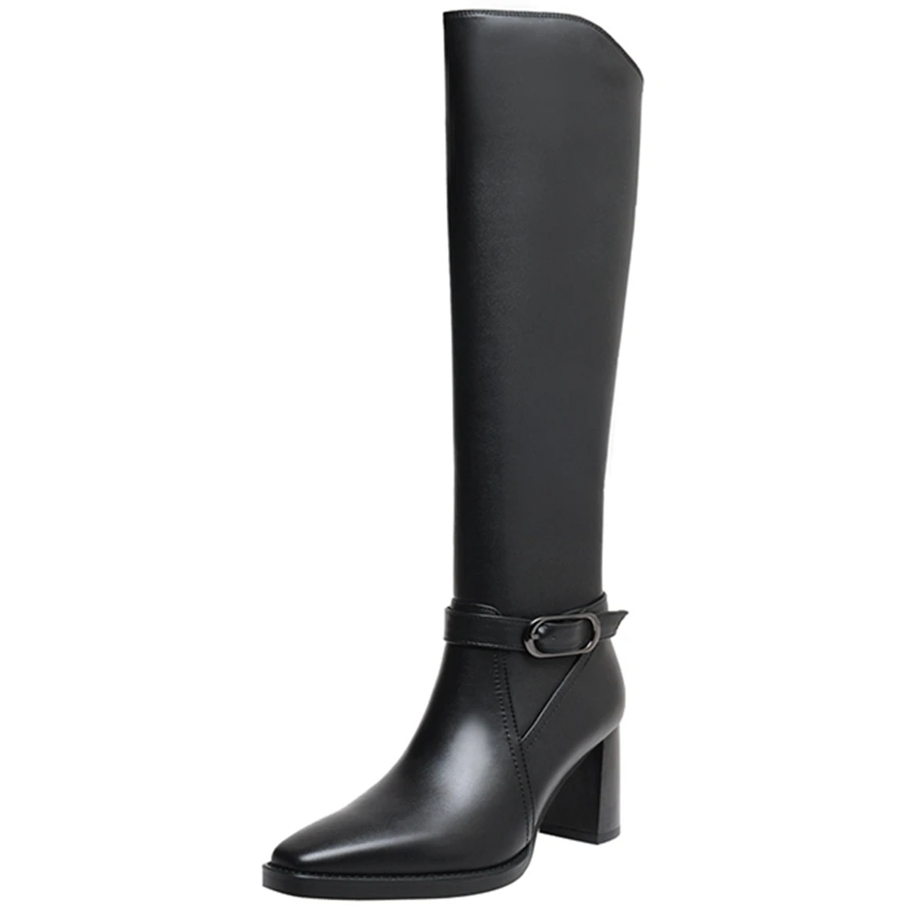 

DORATASIA New women's Genuine Leather Boots Elegant Chunky High Heels Knee High Boots Women Square Toe Buckle Shoes Woman
