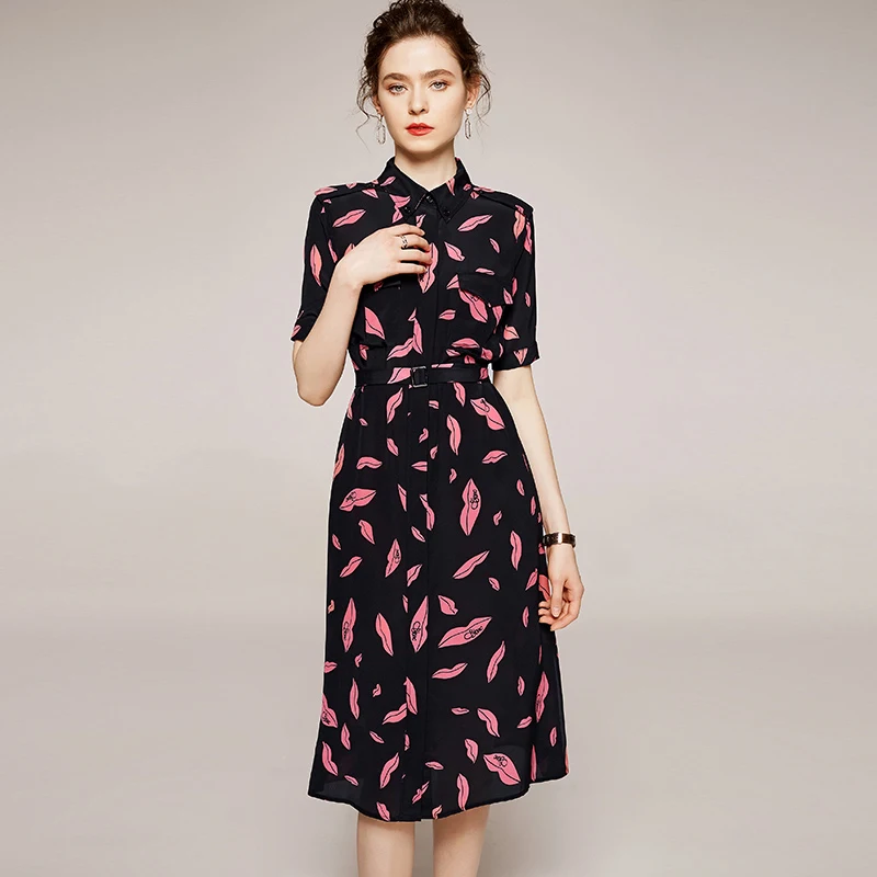 

100% Silk Women's Runway Dress Turn Down Collar Short Sleeves Sash belt Printed Fashion Casual Designer Dresses