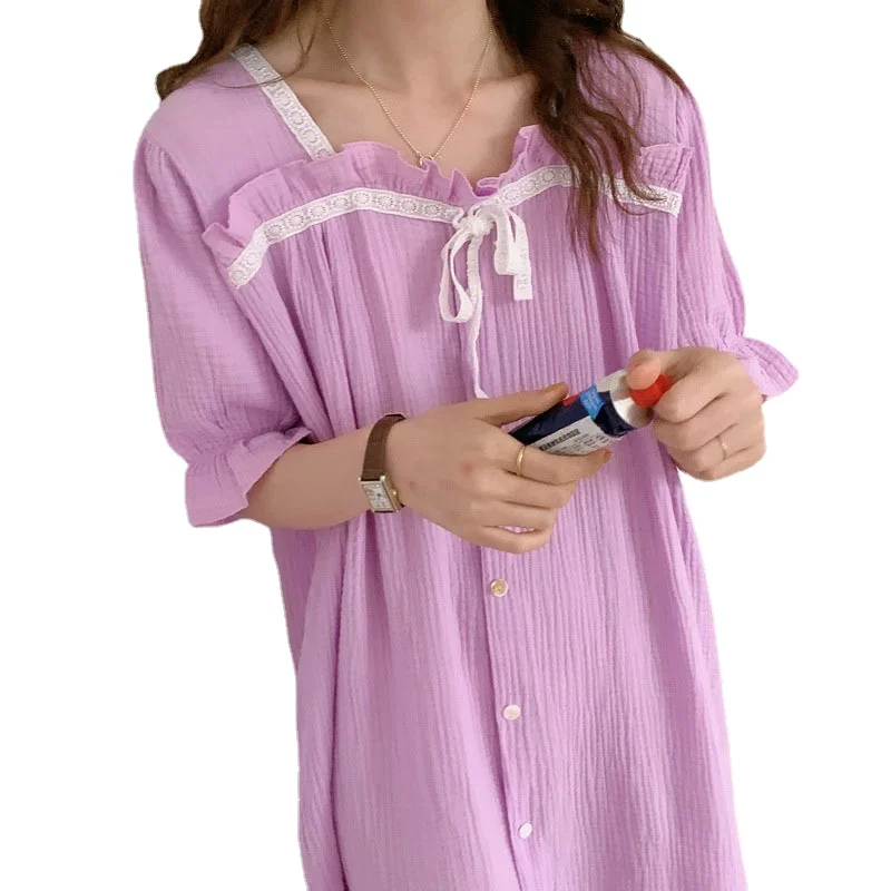 2021 Summer New Korean Home Wear Pure Cotton Lace Nightdress Decoration Bow Dress Women's Nightgown Lady Nightwear Sleepwear
