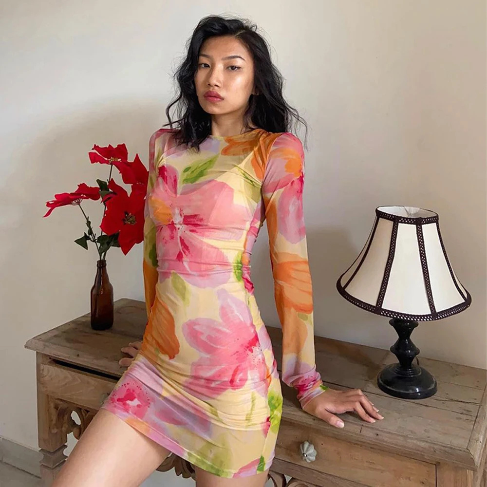 

Sexy Floral Print Long Sleeve Mini Dress Women Summer New Mesh Transparent Skinny Slim Bodycon Dresses Female Y2K Clubwear