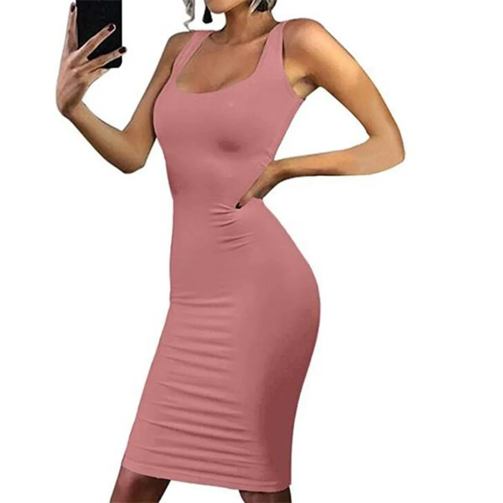 

Home&Nest Fashion Ladies Tube Top Cami Dress Women Square Collar Solid Color Sleeveless Casual Knee-length Dress Spring