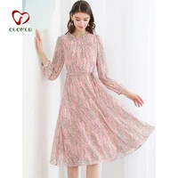 only vetsidos mujer 2020 spring pink printed floral dresses high waist belt knee chiffon dresse elegant party slim dress