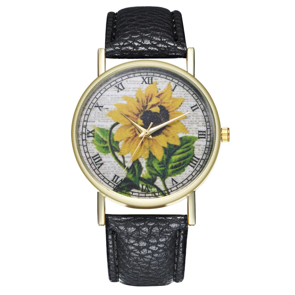 

NO.2 Luxury PU Leather Watches Quartz Wrist Watches Sunflower Painting Women Ladies Couple Watch Clock Jewelry &Ff