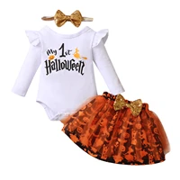 2021 06 28 lioraitiin 0 18m infant baby girls 3pcs halloween outfit pumpkin letter printing long sleeve romper skirt headwear