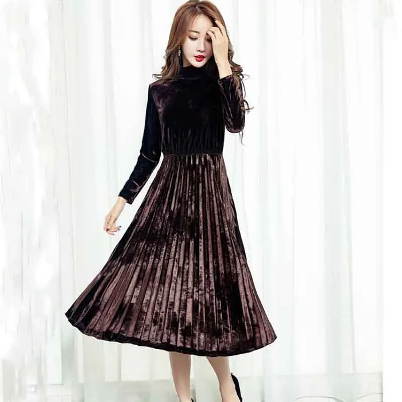 Новые бархатные платья для женщин 2020 Весна Осень Винтаж Водолазка с длинным