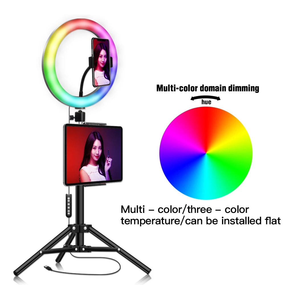 

3 IN 1 10 Inch 26cm Smart Phone Holder Photography Lighting Dimmable LED RGB Video Ring Light Selfie Vlog Youtube Live Streaming