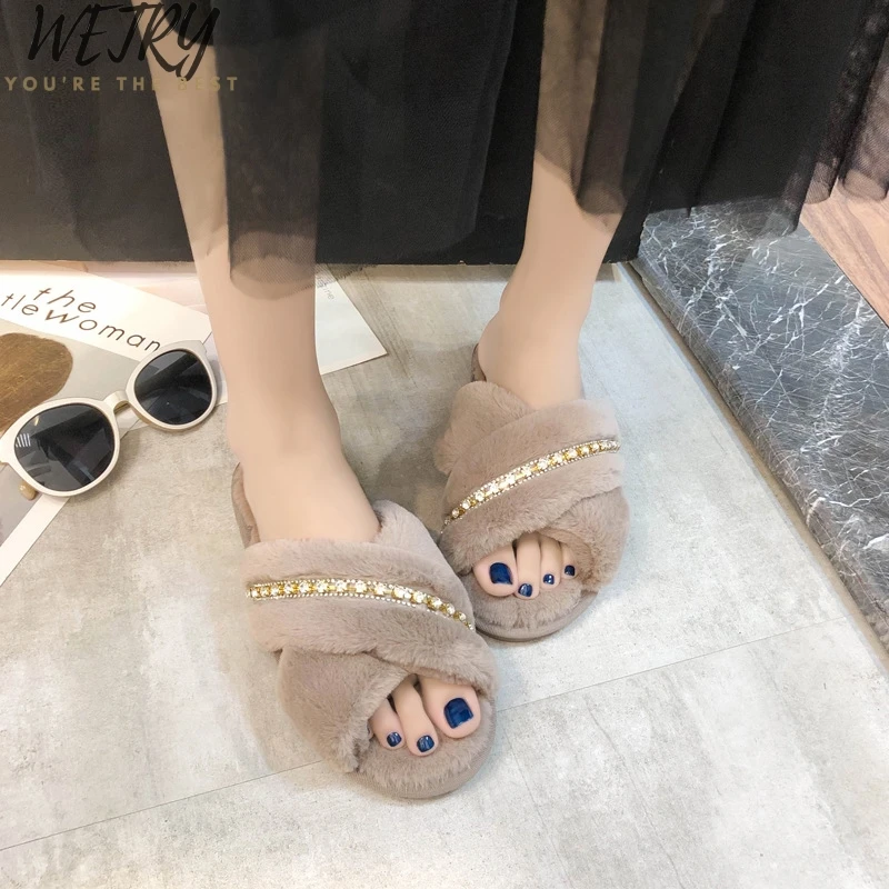 

2019 Women Home Slippers Winter Warm Shoes Woman Slip on Flats Slides Female Faux Fur Slippers 36-41 wholesale