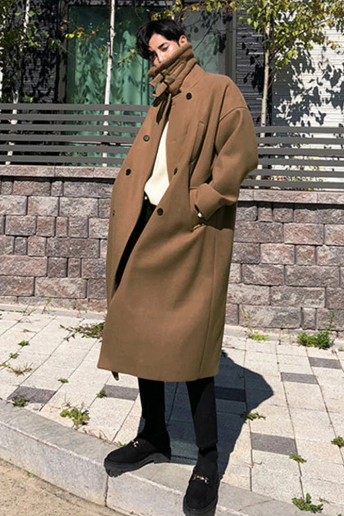 

New trend long male lamb collar thick non-cashmere winter vintage men's woolen coat.